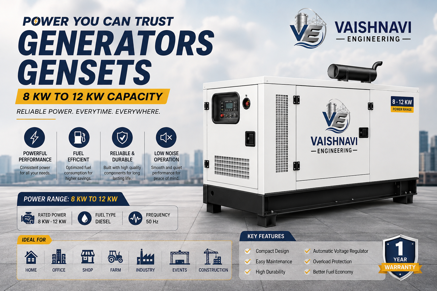 8 kW to 12 kW Silent Diesel Generator